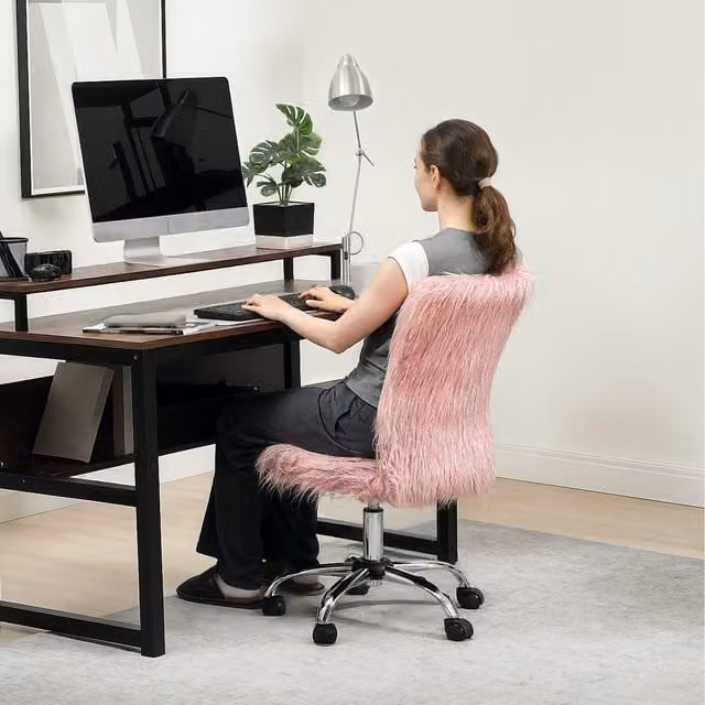 HOMCOM Modern Pink Plush Swivel Vanity Chair with Adjustable Height and Castors