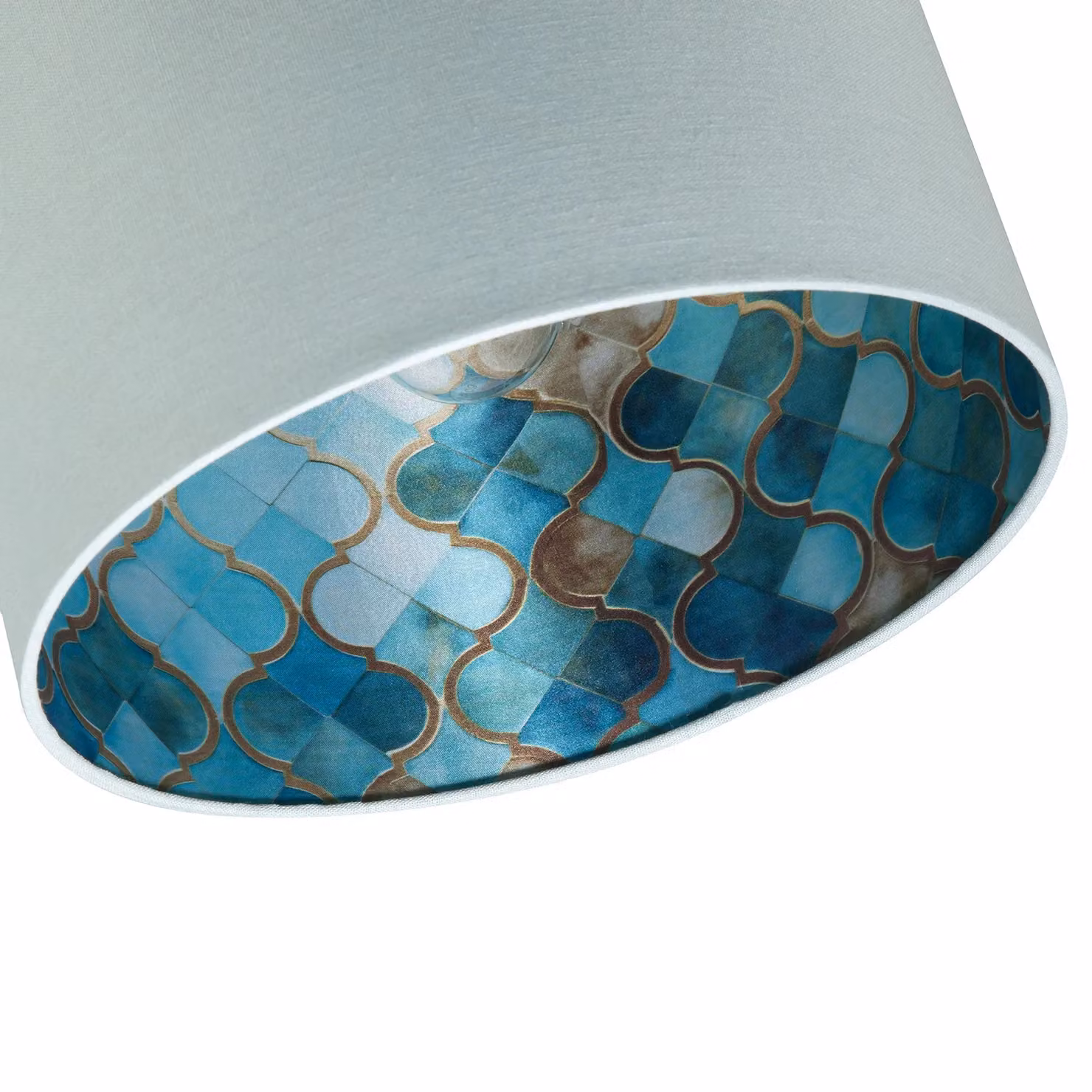 Happy Homewares Duck Egg Blue Linen Cylinder Lamp Shade with Moroccan Scale Pattern Lining in Blue and Gold/Brass, Diameter: 30 cm – 2