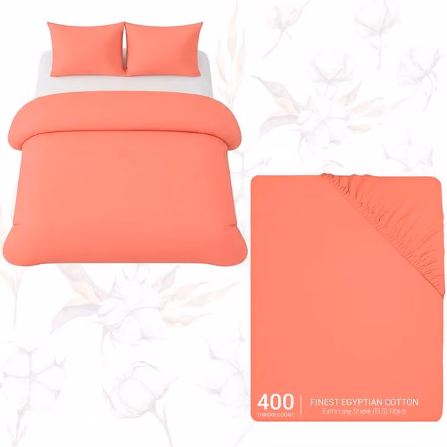 Pamposh 3 Piece Egyptian Cotton Single Duvet Cover Set with Fitted Sheet and Pillowcase in Coral
