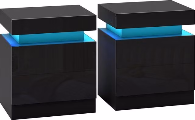 HOMCOM Set of 2 Black High Gloss Bedside Tables with Integrated LED Light and 2 Drawers – 1