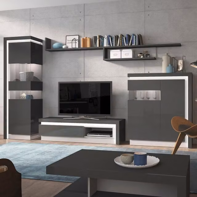 Jonas & James Lelia Modern Two Door Designer Cabinet in Grey with Glass Doors and Integrated LED Lighting