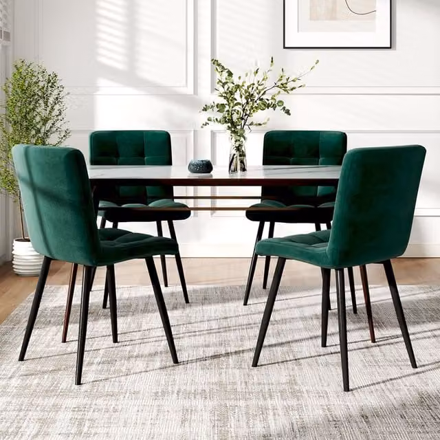Komore Set of 4 Modern Green Velvet Dining Chairs with Geometric Grid Backrests and Black Metal Legs