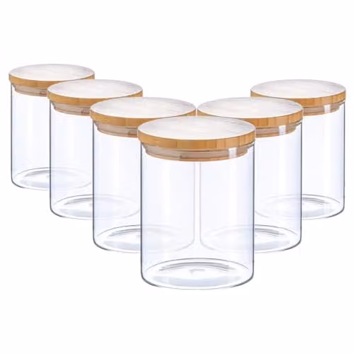 Argon Tableware Scandi Airtight Glass Storage Jars with Solid Wooden Lids, 0.75 l, 6 Pack, Transparent