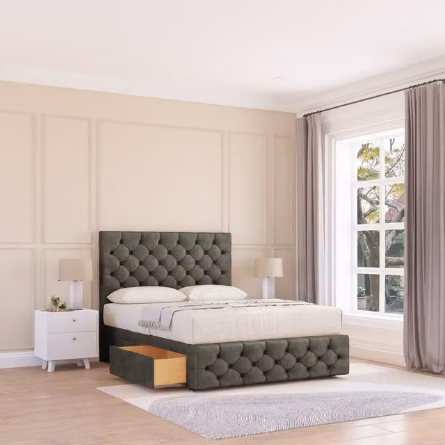 Sloomy Watson Chesterfield Upholstered Divan Bed Base and Headboard in Light Grey, Super King, W/D/H: 200 x 200 cm