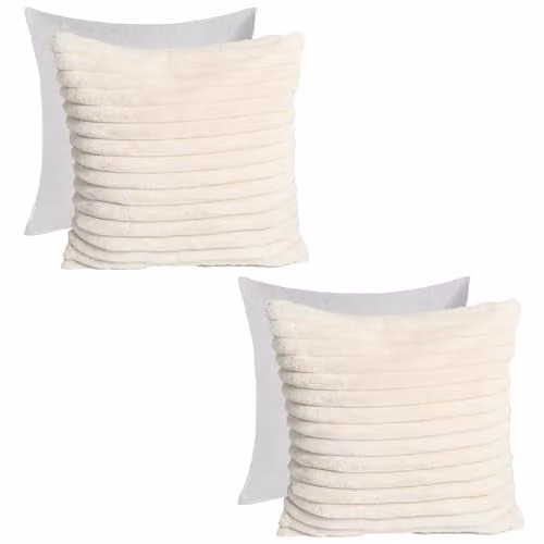 OHS Pack of 2 Ribbed Faux Fur Scatter Cushions with Removable Covers, Beige, W/D/H: 45 x 45 x 45 cm – 1
