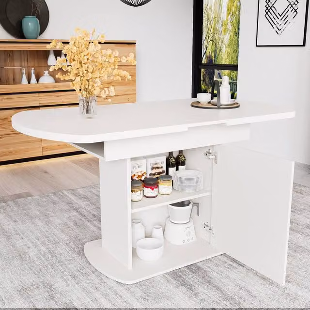 ModernLuxe Extendable Oval Dining Table in White with Storage and Door