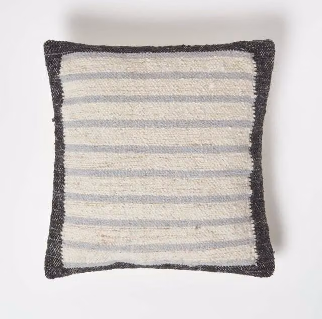 Homescapes Veria Handwoven Ethnic Striped Kilim Cushion in Grey, Beige and Yellow