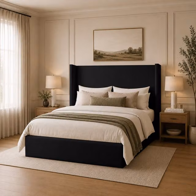 Desire Deco Luxury Wingback Lynx Upholstered Bed Frame in Black, 90 x 190 cm