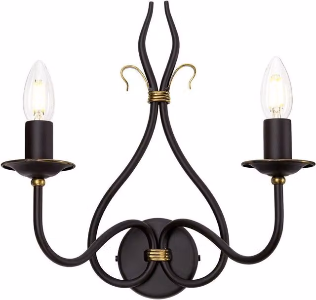 Netlighting Windermere 2 Light Indoor Candle Wall Light in Gold and Brown with E14 Bulb Holder