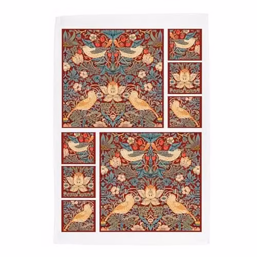 Purely Home Red Strawberry Thief Floral Linen Tea Towel, W: 67 cm, H: 45 cm