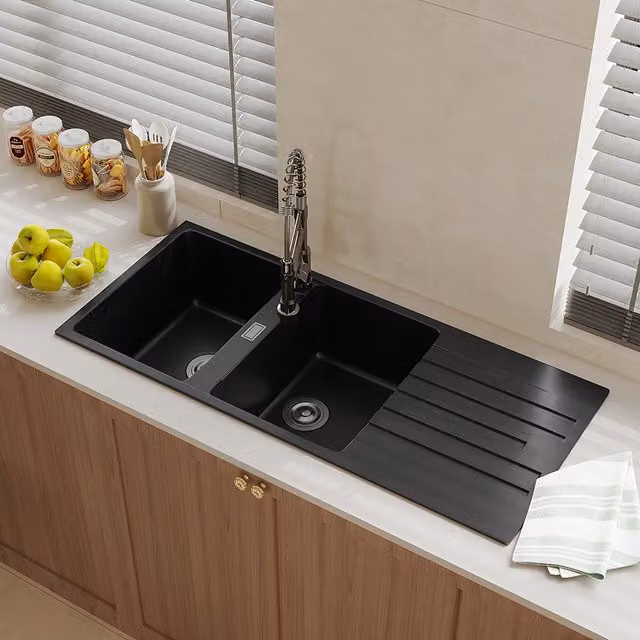 Livingandhome Black Rectangular Quartz Granite Composite Kitchen Sink with Strainer Drain Board and Countertop Installation