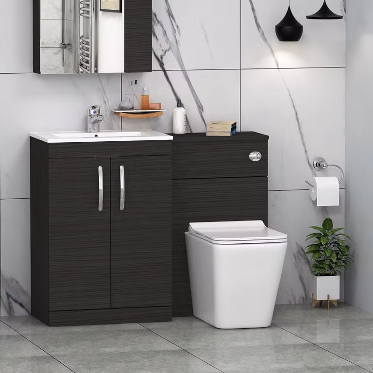 Royal Bathrooms Turin Black Minimalist Floor Standing Bathroom Furniture Pack with 2-Door Vanity Unit and Slim Elena Toilet