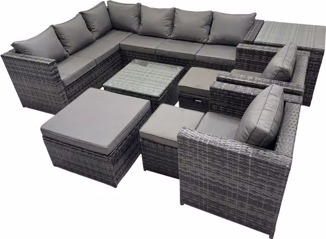 Fimous Modern L-Shape Patio Furniture Set in Dark Grey with Corner Sofa, 3 Footstools, Side Table and Matching Ottoman