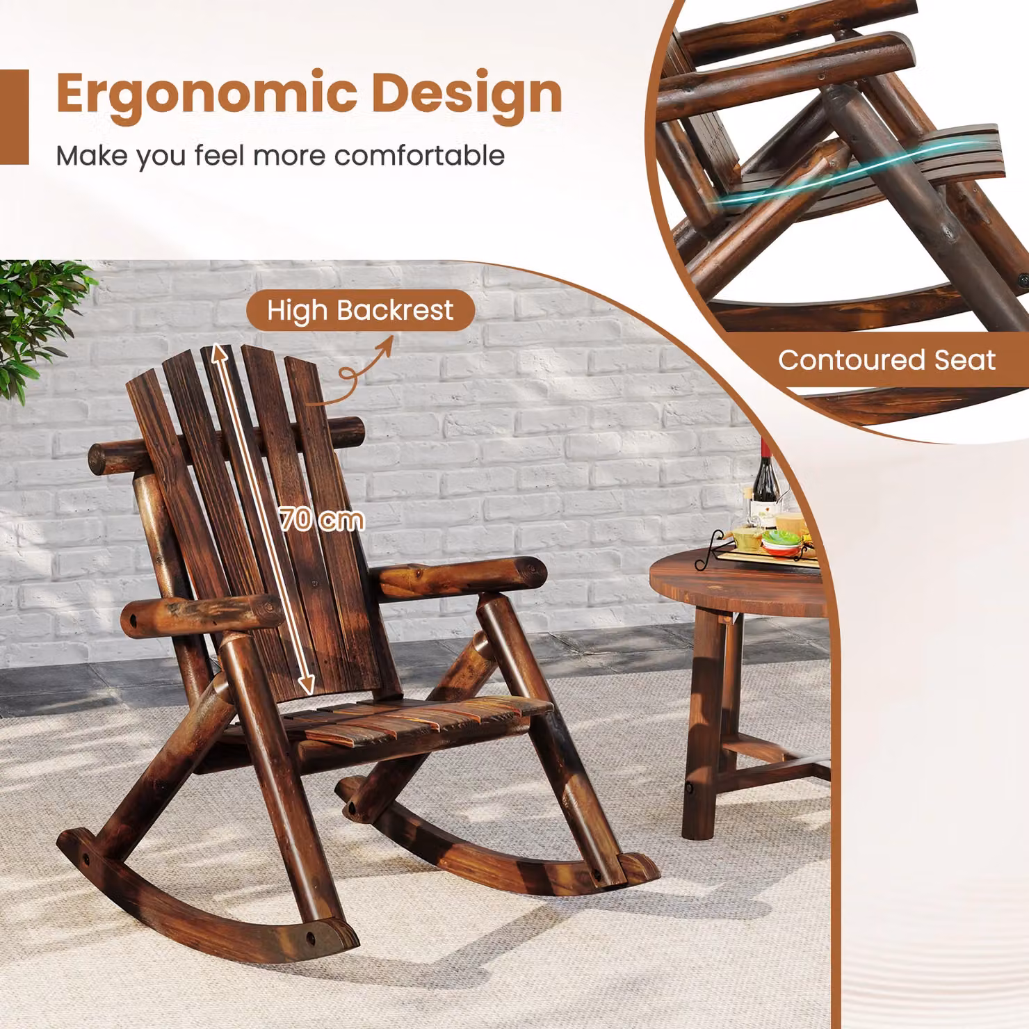 Costway Outdoor Adirondack Rocking Chair for Adults in Brown Solid Wood – 6