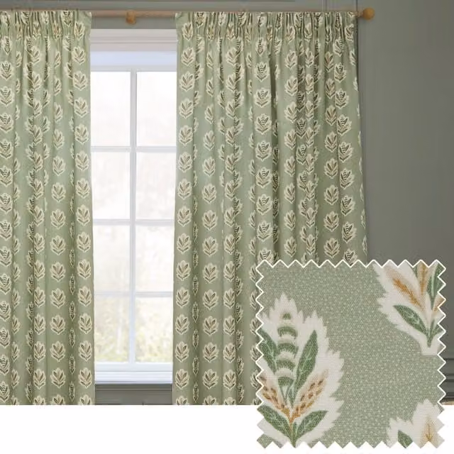 Sanderson Sessile Leaf Printed Pencil Pleat Curtains in Green, Width: 229 cm, Drop: 183 cm – 1