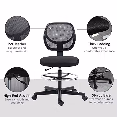 Vinsetto Ergonomic Mesh Drafting Chair with Adjustable Foot Ring and Swivel Function, Black – 4