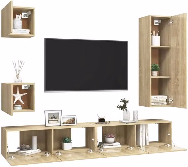 Berkfield Home Practical 5 Piece TV Cabinet Set in Sonoma Oak and Beige, W/D/H: 110 x 30 x 5 cm – 1