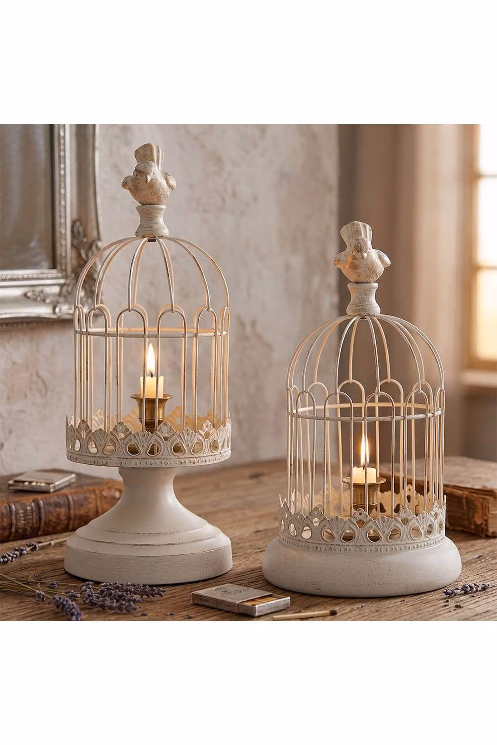 Living and Home Vintage-Style Metal Birdcage Candle Holders, 2-Piece Set in White – 2