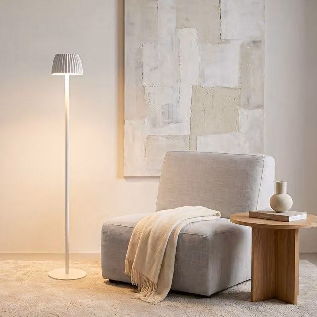 Briloner Riffle LED Rechargeable Floor Lamp in White, IP44 Dimmable Touch Control, W/D/H: 19 x 19 x 124 cm