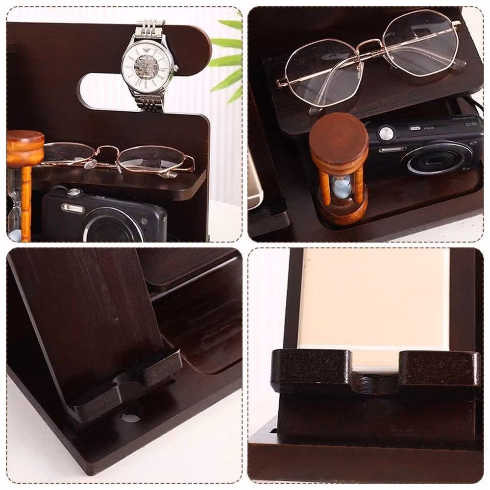 VOGREX Wooden Desktop Docking Station and Phone Stand Organiser in Brown – 5