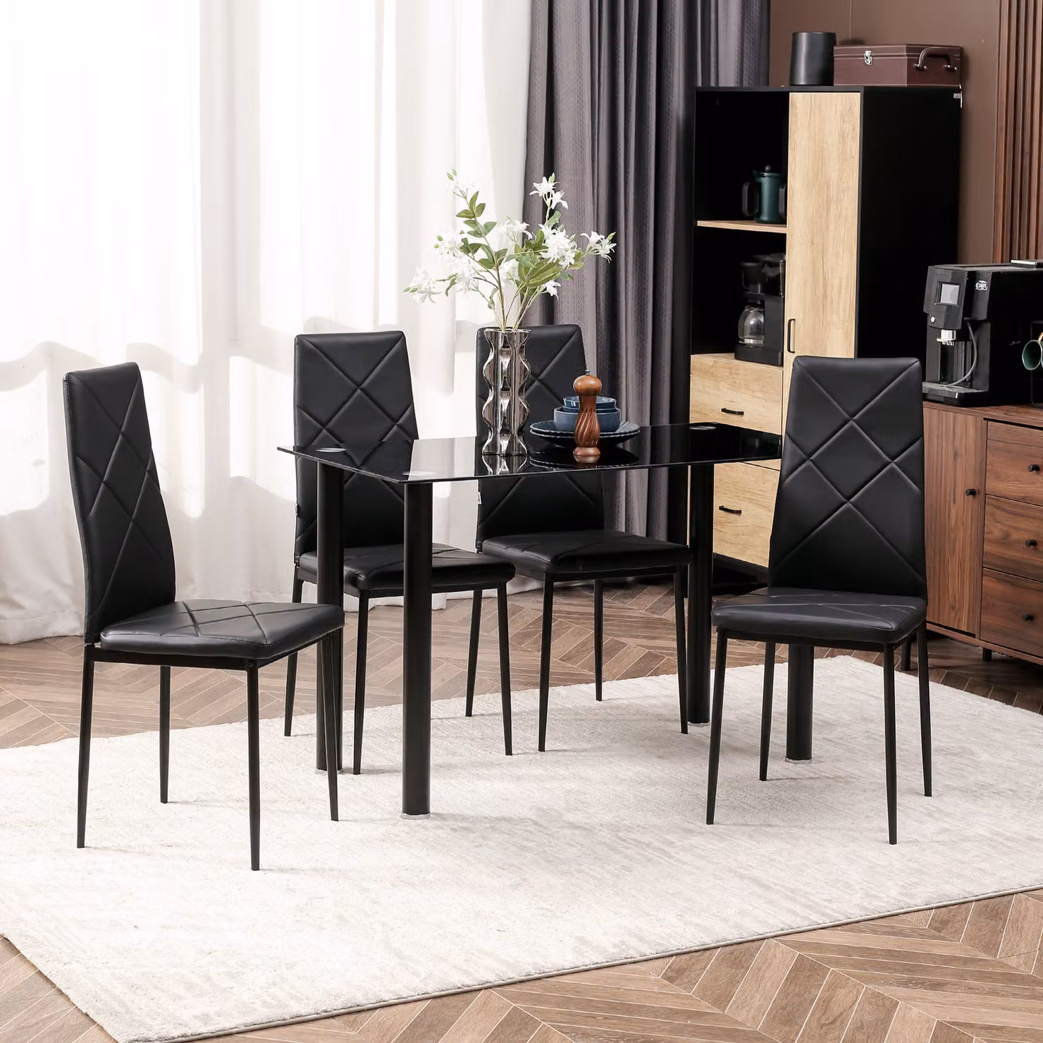 HOMCOM Modern 4 Seater Dining Set with Rectangular Glass Tabletop and Steel Frame, Black – 2