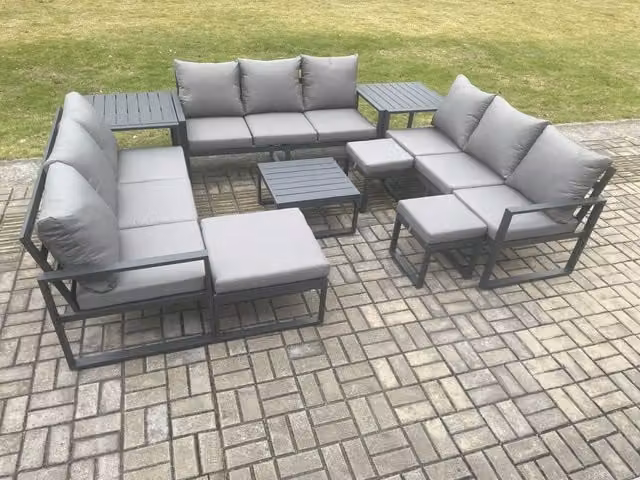 Fimous Aluminium Outdoor Garden Furniture Set in Dark Grey with 3-Seater Sofa, Coffee Table, 2 Side Tables and 3 Footstools
