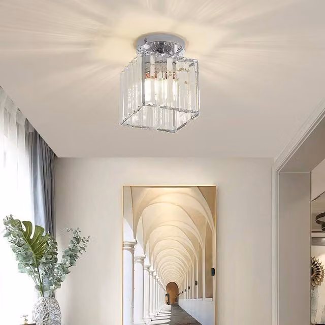 Goeco Square Crystal Semi Flush Mount Ceiling Light in Silver with E27 Socket – 1