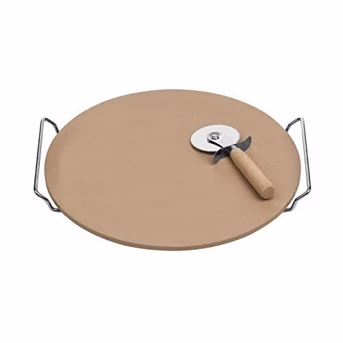 Premier Housewares Pizza Stone and Cutter Set with Stoneware Board and Chrome Stand, Sand, W: 35 cm, D: 33 cm, H: 4 cm, Set of 2