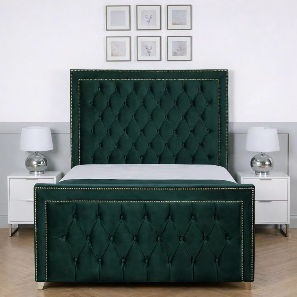 Living Comfort Bedz Metro Plush Velvet Upholstered Bed with Slatted Base and 48 Inch Headboard, Green, Super King, W/D/H: 200 x 200 cm – 2
