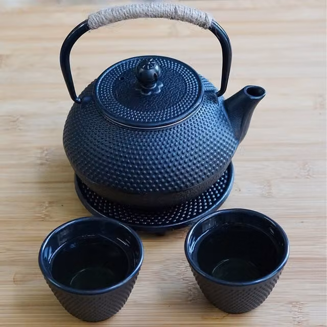 Gr8 Home Black Cast Iron Japanese Style 5 in 1 Teapot and Cups Set with Infuser and Trivet