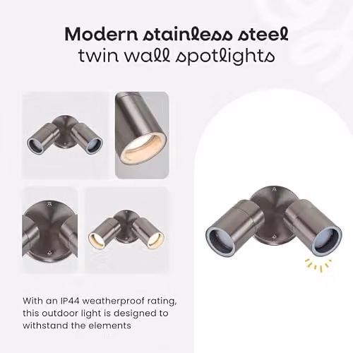 MiniSun Set of 2 Modern Stainless Steel Twin Wall Spotlights in Silver with 3W Warm White LED Bulbs – 2
