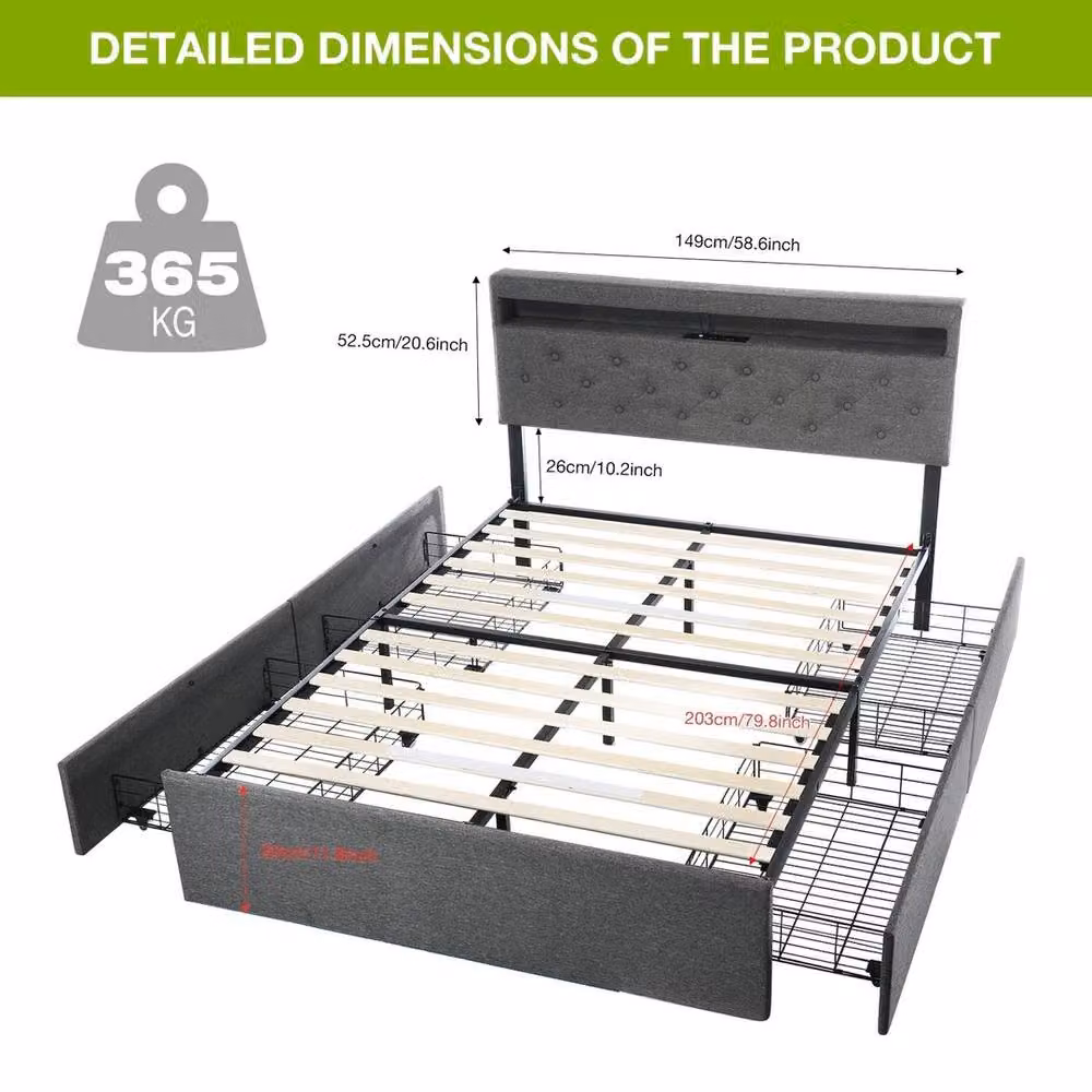 SPETLEK OUBLE Upholstered Storage Bed Frame with Drawers and Under-bed Lighting, Grey, W/D/H: 140 x 200 cm – 2