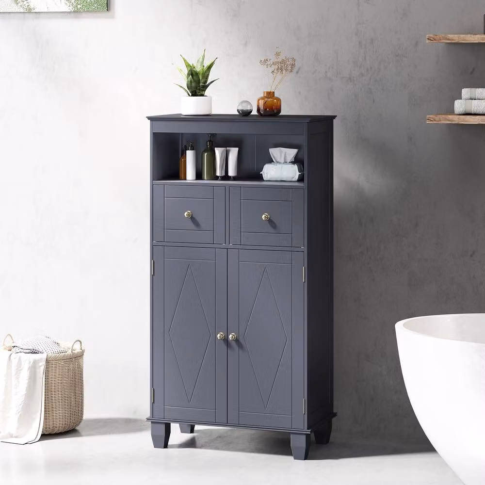 Costway Modern Grey Bathroom Floor Storage Cabinet with Drawers and Shelves – 3