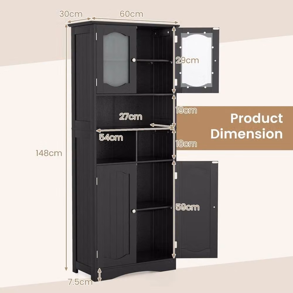 KORVIXA Modern Black Freestanding Bathroom Cabinet with Glass Doors and Internal Shelves, W: 60 cm, H: 75 cm – 2