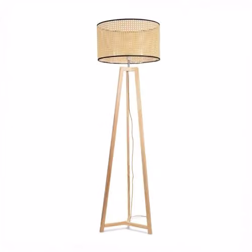 ValueLights Natural Wood Tripod Floor Lamp with Beige Woven Rattan Lampshade and Included LED Bulb, H 158 cm x W 45 cm x D 45 cm