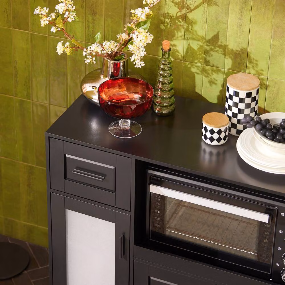 SoBuy Black Rustic Kitchen Trolley with Glass Doors and Appliance Housing Unit – 5
