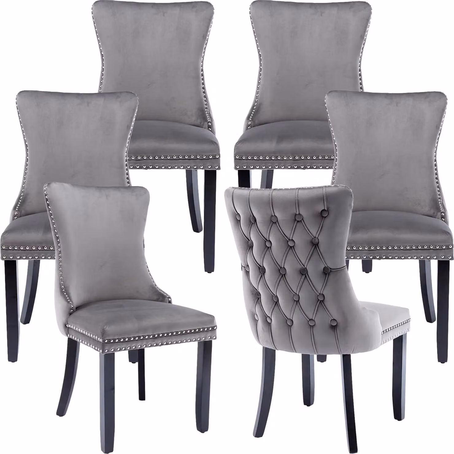 HomeTouch Sierra Set of 6 Grey Velvet Tufted Wing Back Dining Chairs with Oak Wood Legs – 6