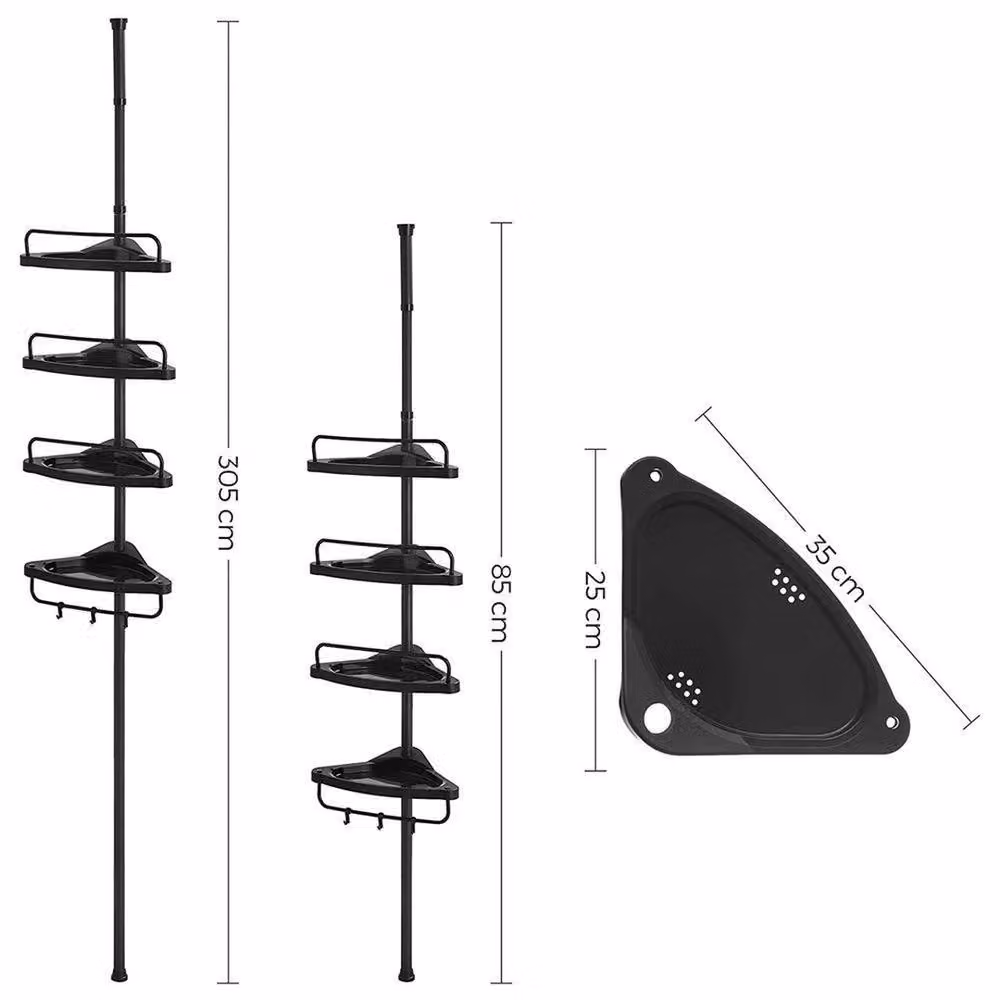 VOGREX 4-Tier Telescopic Black Metal Corner Shower Caddy with Adjustable Shelves – 4
