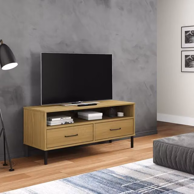 Berkfield Home Oslo TV Cabinet in Brown Solid Pine Wood with Metal Legs – 1