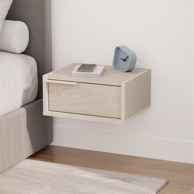 Decortie Minimalist Floating Bedside Table Nightstand with Drawer in Light Oak