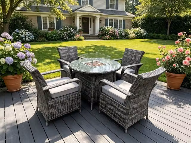 Fimous Rattan Garden Furniture Set with Round Gas Fire Pit Dining Table and 4 Dining Chairs in Dark Grey – 1