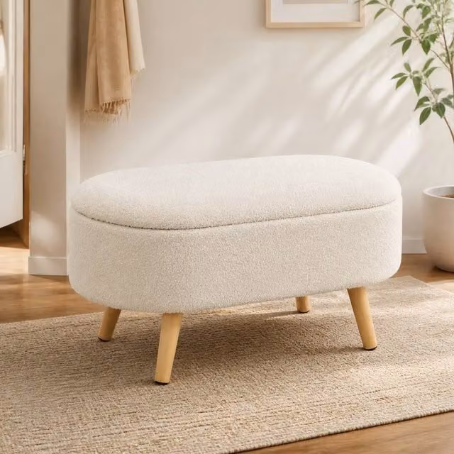 STILVORA Cream Bouclé Storage Ottoman with Wood Frame