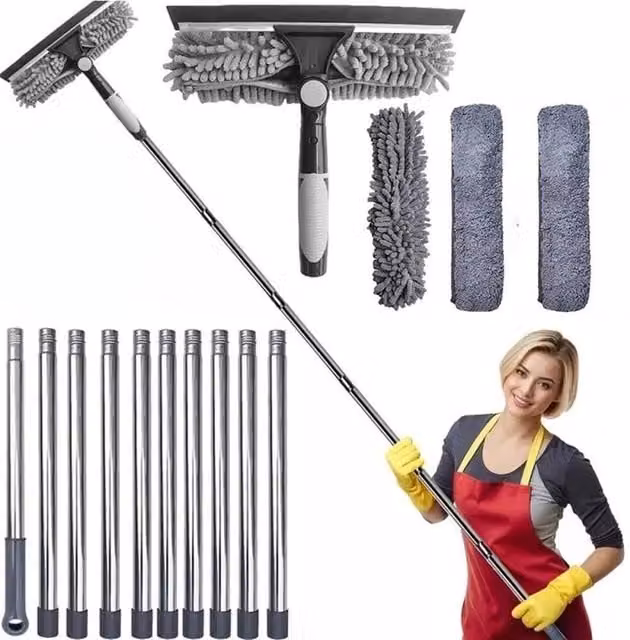 FLAVORA Grey Telescopic Extendable Window Cleaner Squeegee with Scraper and Microfibre Head