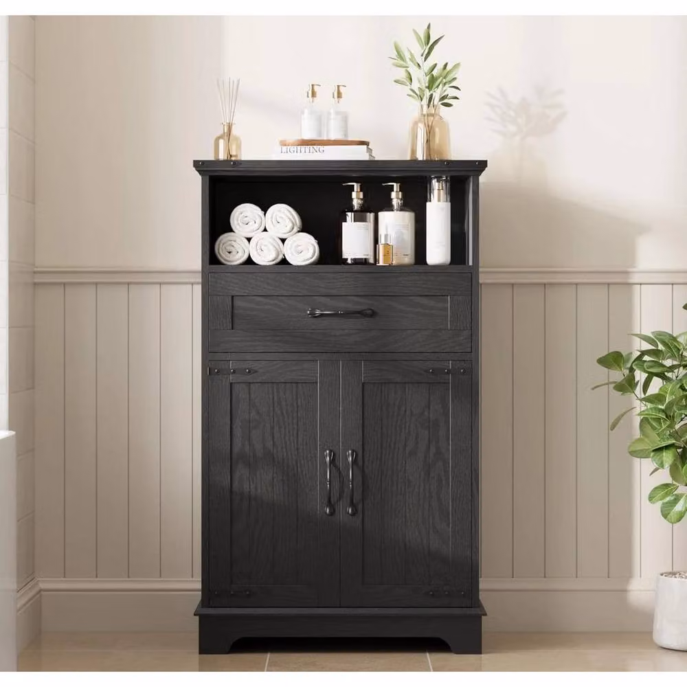 KORVIXA Freestanding Black Bathroom Cabinet with Doors, Drawers and Open Shelf, W: 60 cm, H: 60 cm – 3