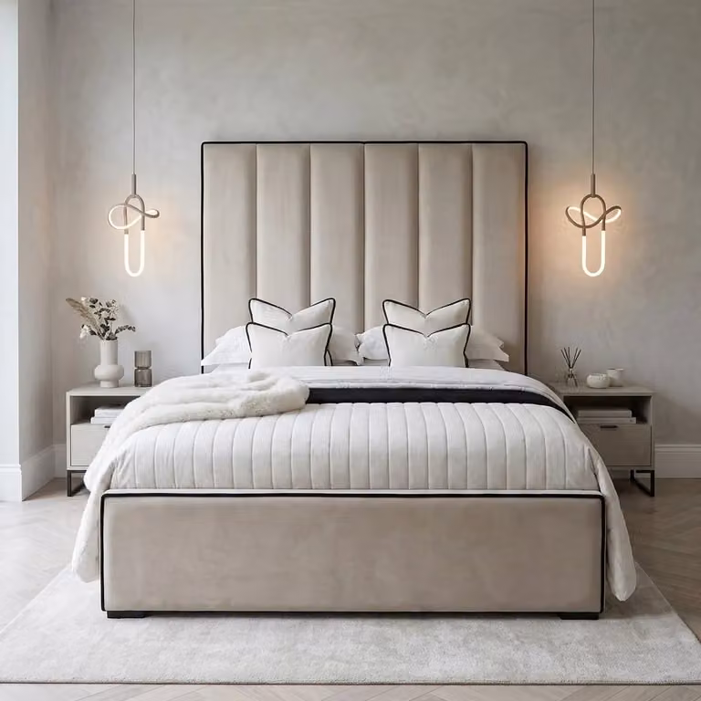 Beds NK Ltd Cambridge Piping Upholstered Bed Frame in Beige Fabric