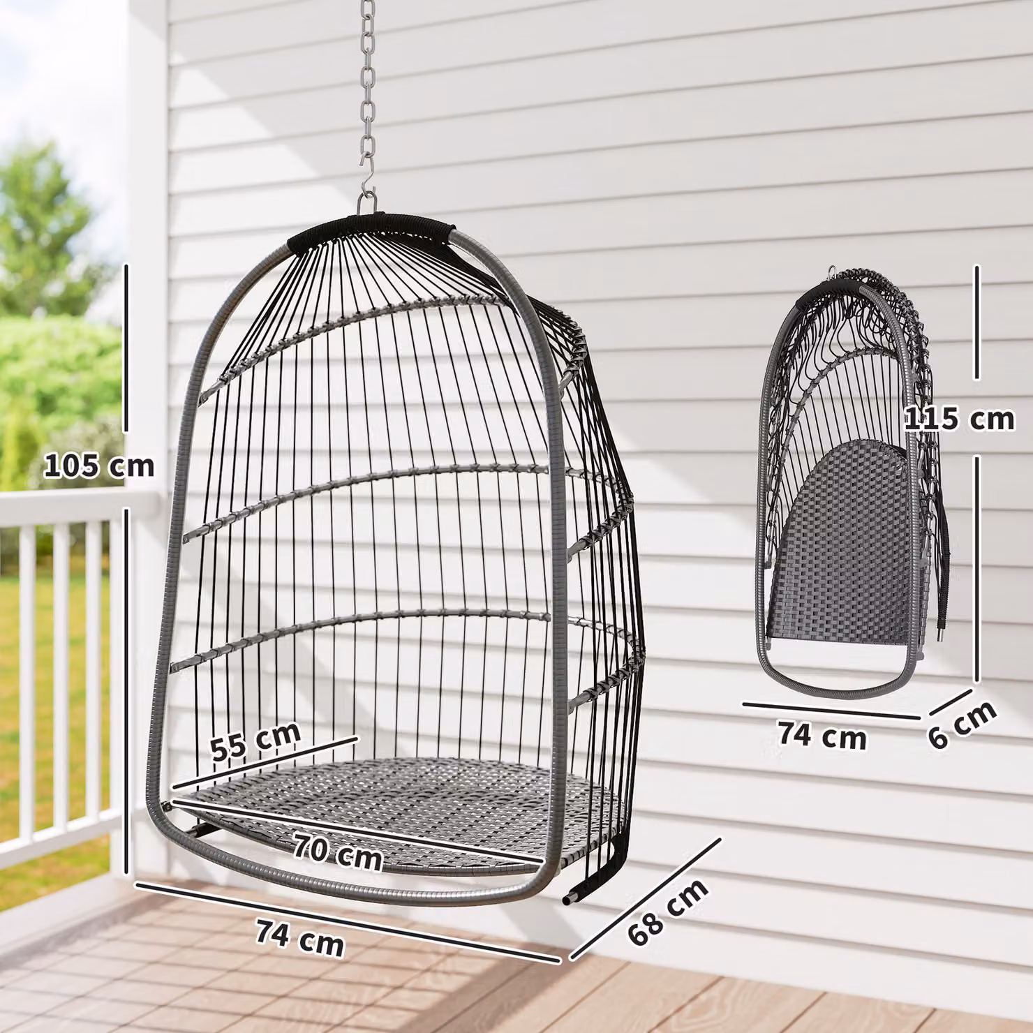 Outsunny Dark Grey Rattan Hanging Egg Chair with Metal Frame and Cushions – 3