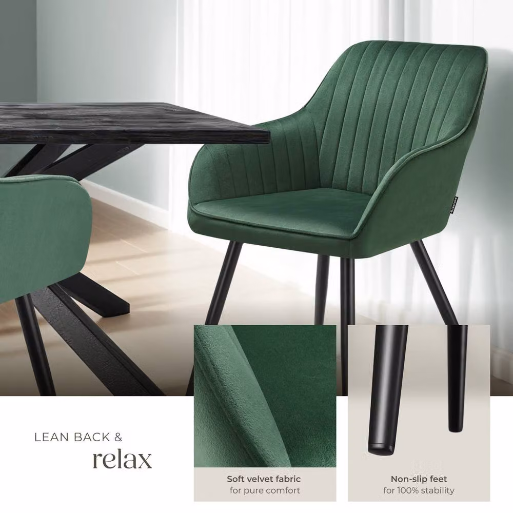 tectake Marilyn Set of 6 Modern Velvet Dining Chairs in Dark Green and Black – 4
