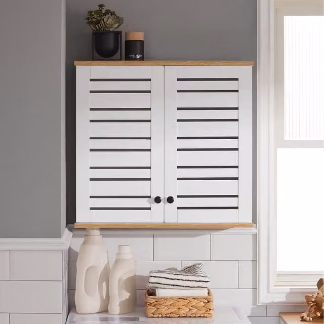SoBuy White Wall Mounted Slatted Storage Cabinet with Internal Shelves and Hinged Doors