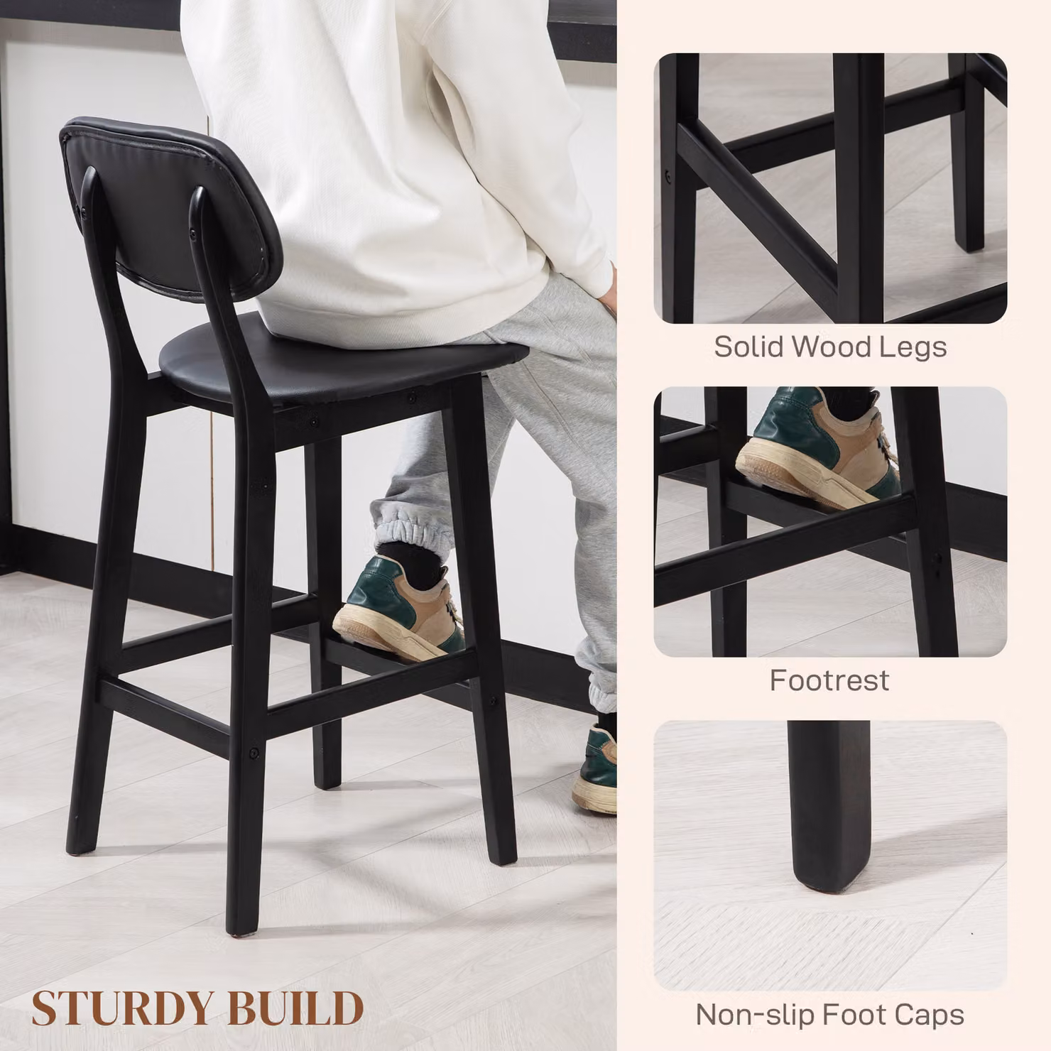 HOMCOM Set of 2 Modern Faux Leather Upholstered Bar Stools with Backs and Wood Legs, Black – 6