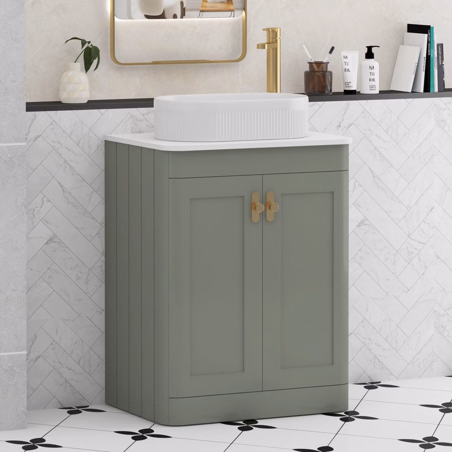 Royal Bathrooms Henley 600mm Sage Green Floor Standing 2 Door Vanity Unit with Lyon Basin and Brushed Brass Knob